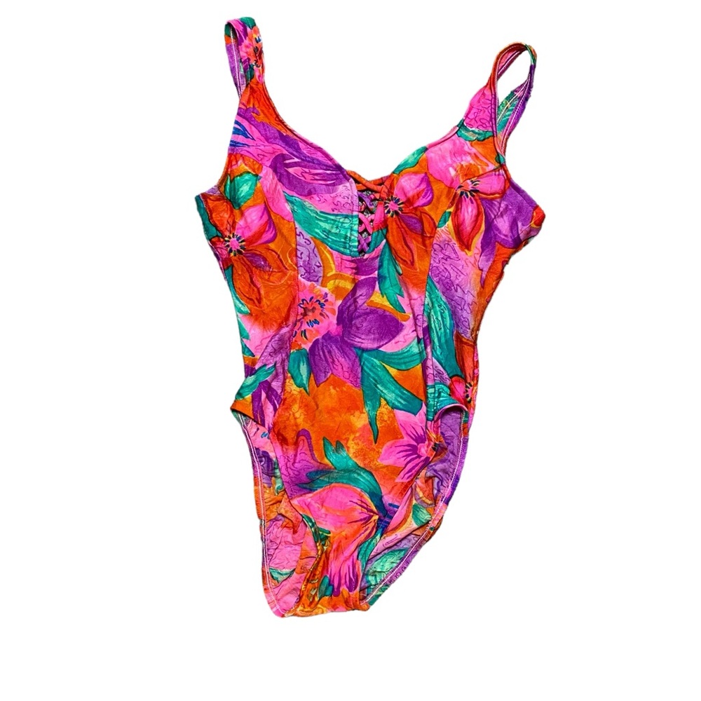 Vintage 80s Tropical One Piece Swimsuit